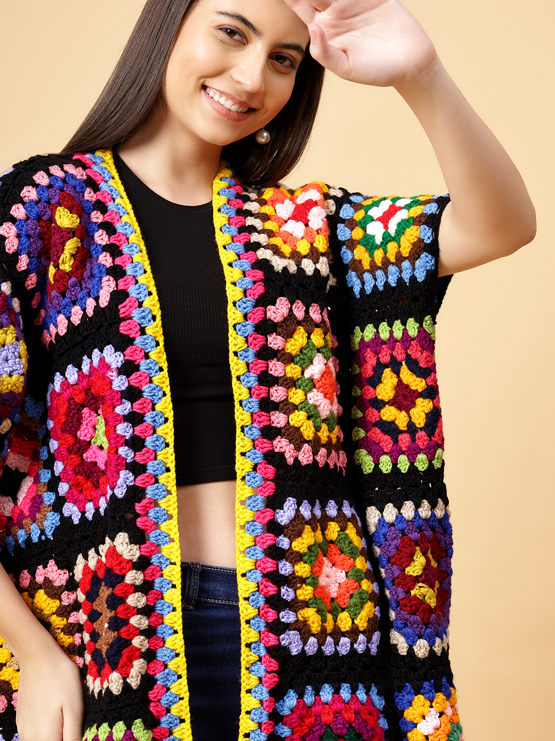 Velvery Handmade Multi Crochet Overcoat V-Neck Cardigan