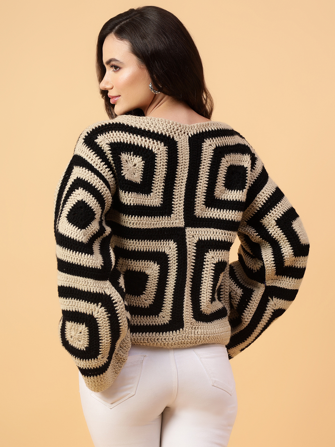 Velvery Handmade Black & Beige Flared Sleeve Round Neck Pullover