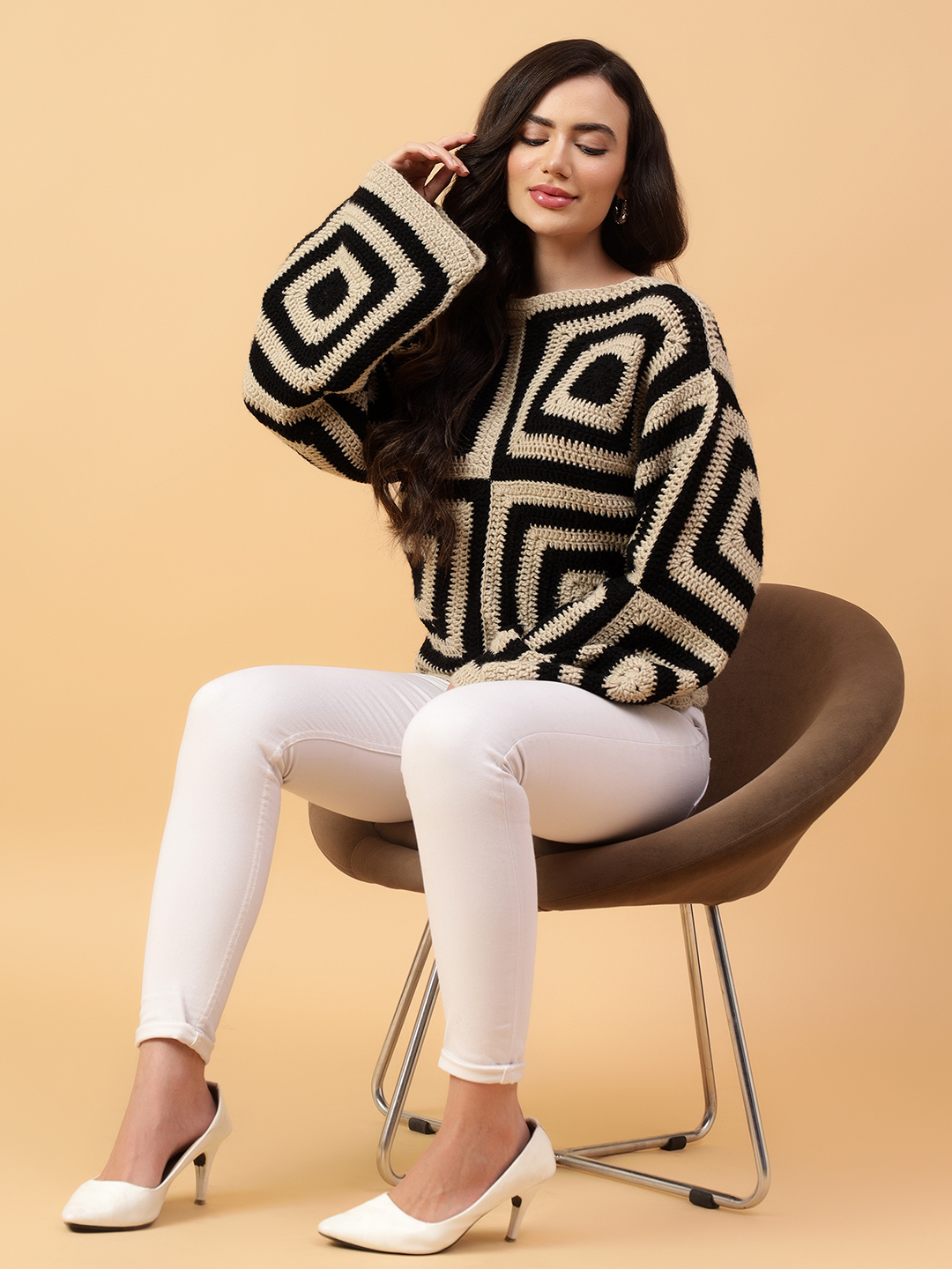 Velvery Handmade Black & Beige Flared Sleeve Round Neck Pullover