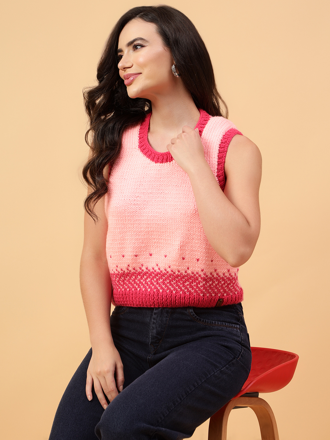Velvery Handmade Pink Handknitted Round Neck Sweater Vest