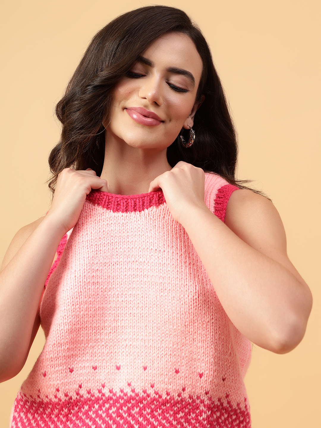 Velvery Handmade Pink Handknitted Round Neck Sweater Vest