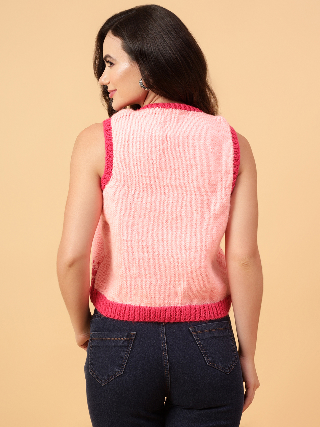 Velvery Handmade Pink Handknitted Round Neck Sweater Vest