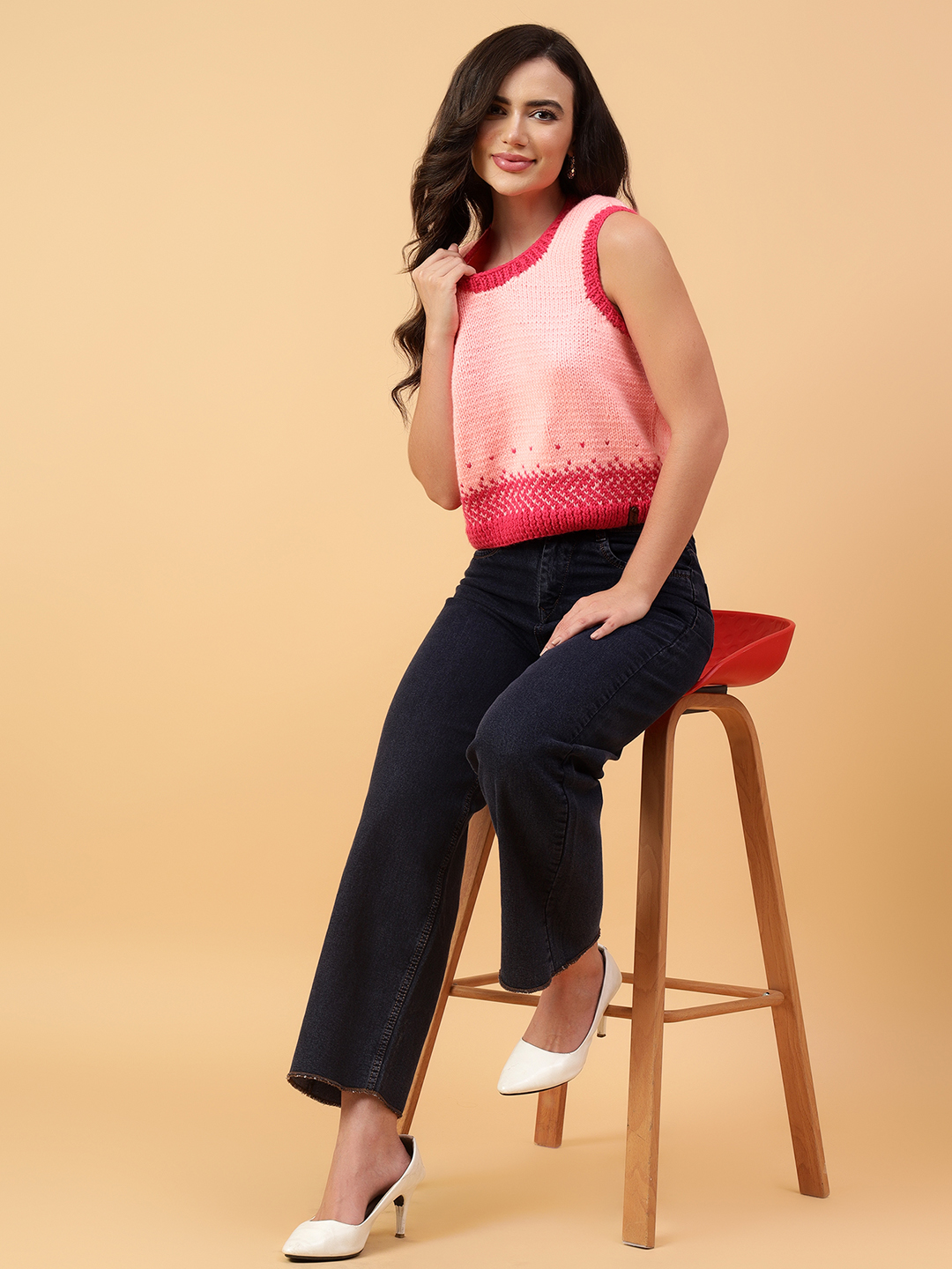 Velvery Handmade Pink Handknitted Round Neck Sweater Vest