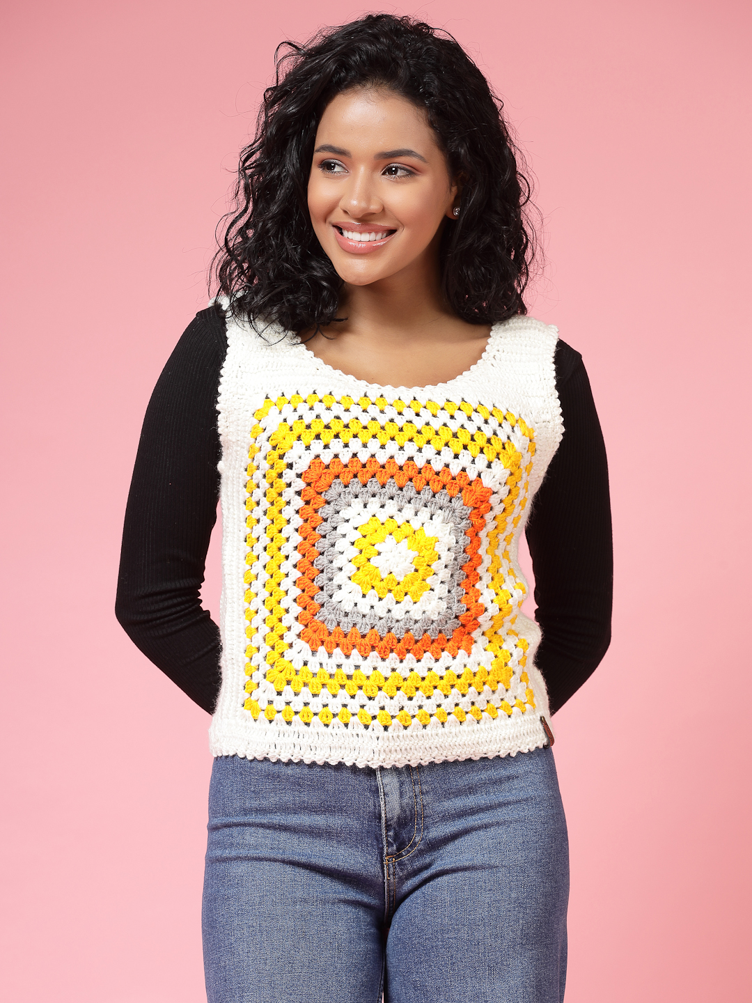 Velvery Handmade Multi Handmade Crochet Round Neck Sweater Vest