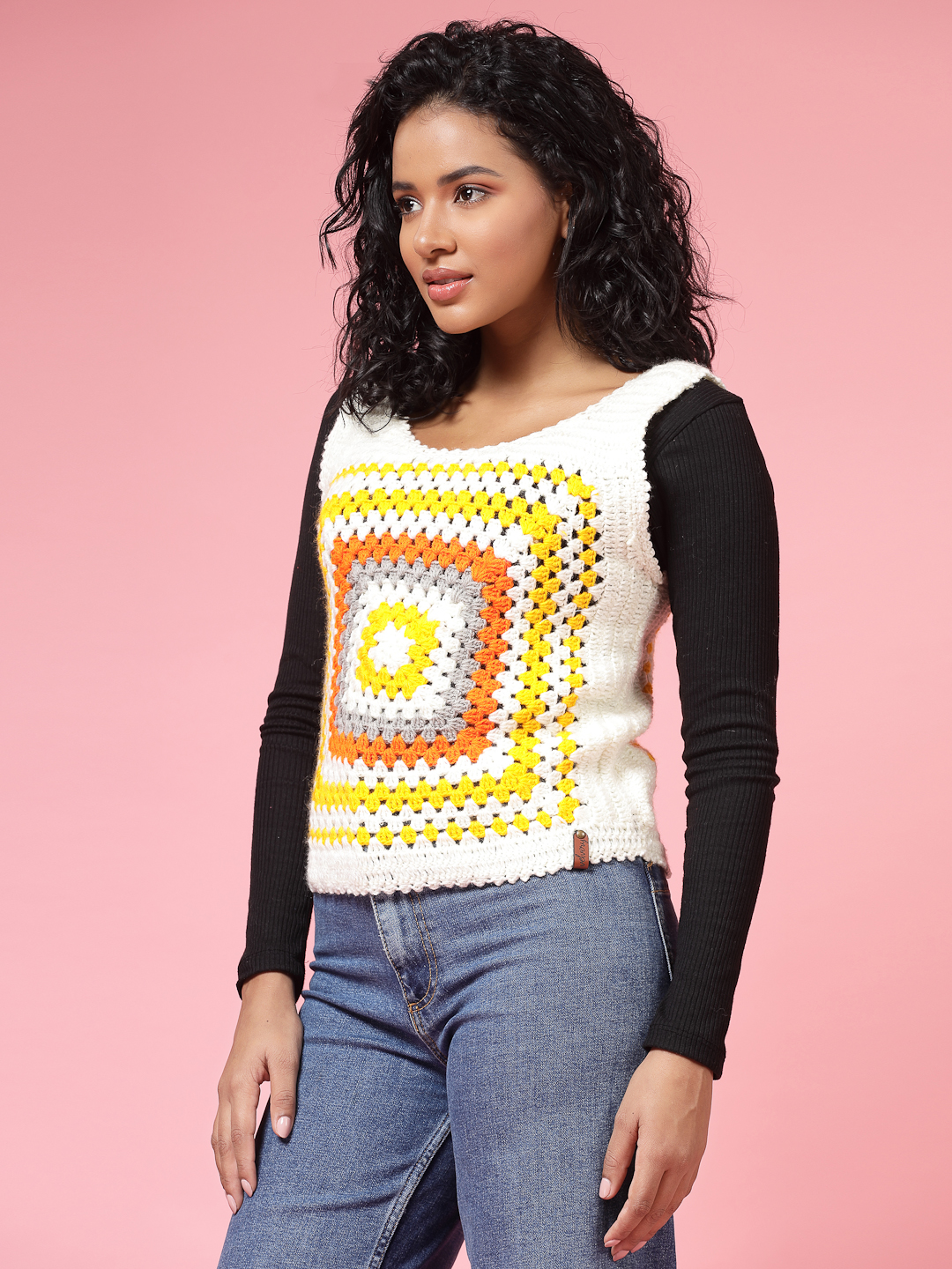 Velvery Handmade Multi Handmade Crochet Round Neck Sweater Vest