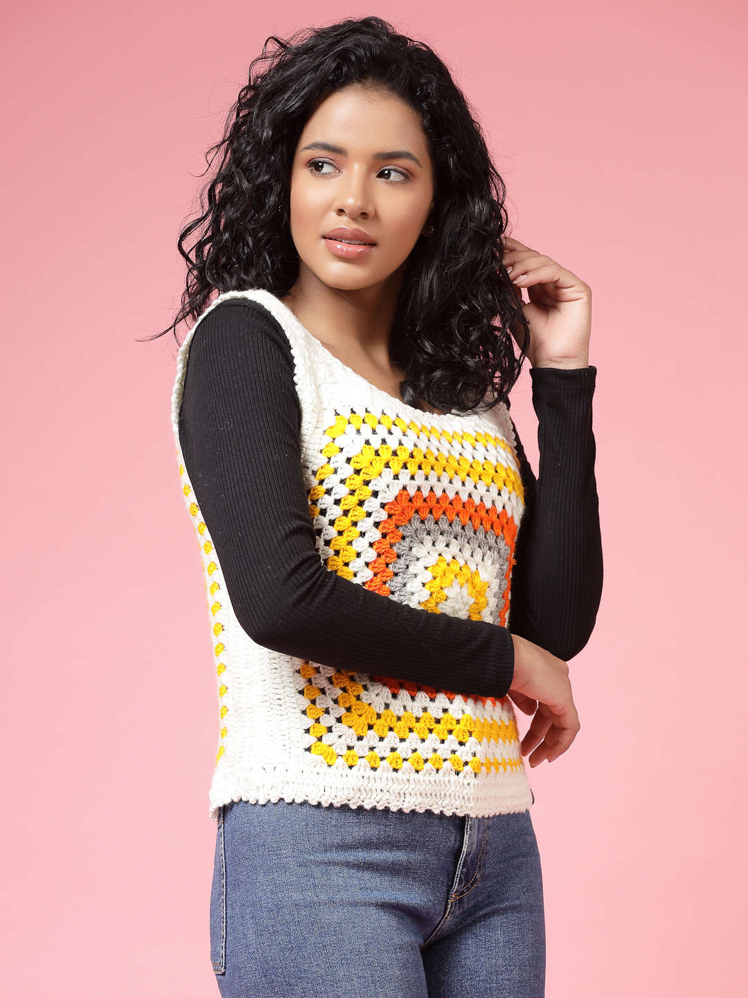Velvery Handmade Multi Handmade Crochet Round Neck Sweater Vest