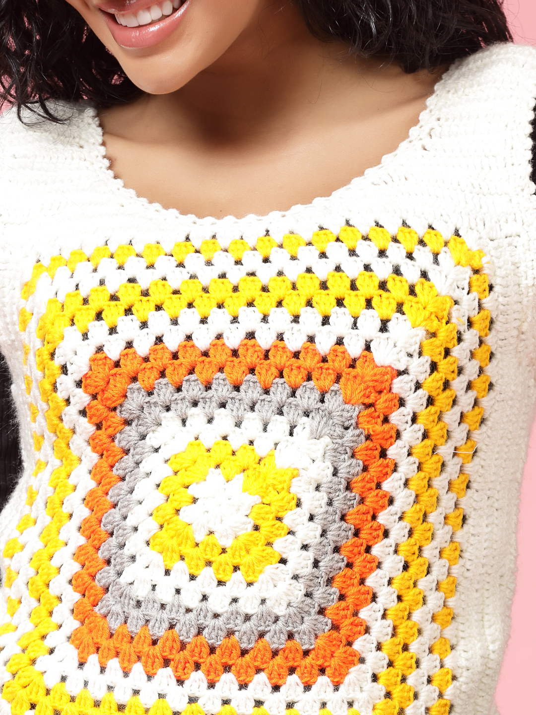 Velvery Handmade Multi Handmade Crochet Round Neck Sweater Vest