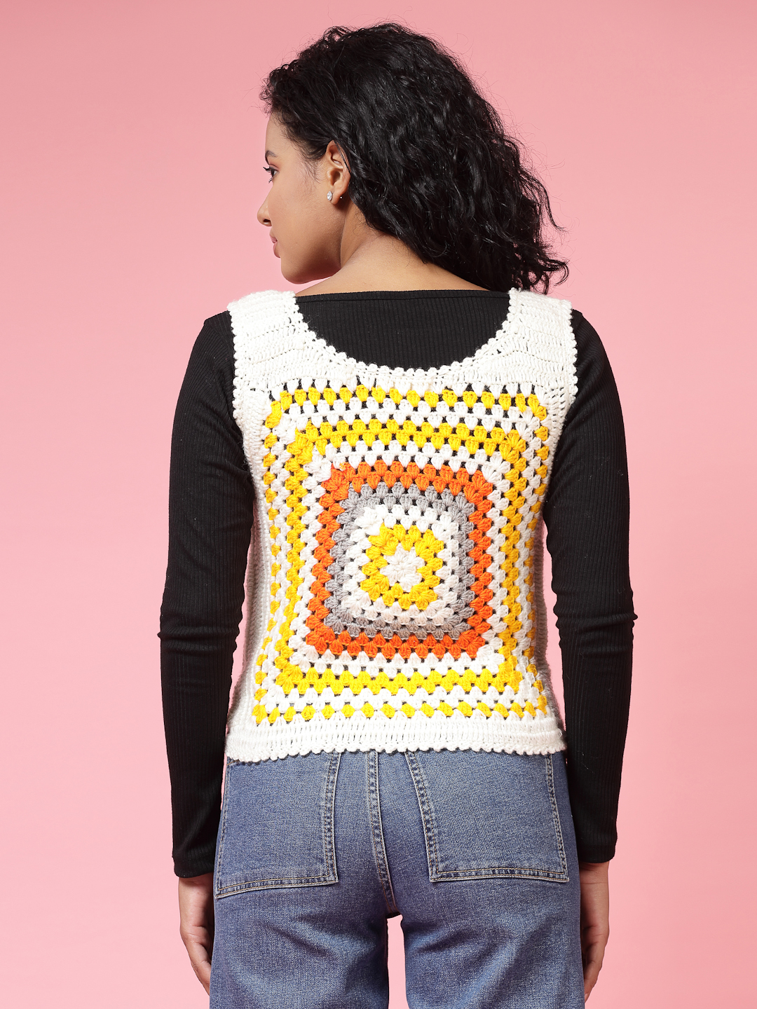 Velvery Handmade Multi Handmade Crochet Round Neck Sweater Vest
