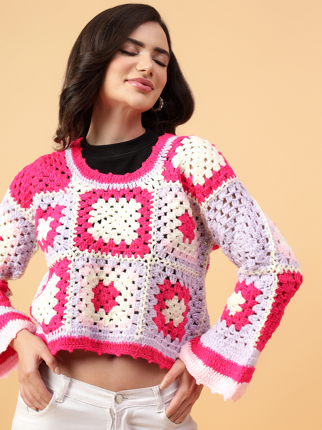 Velvery Handmade Pink Handmade Crochet Round Neck Pullover