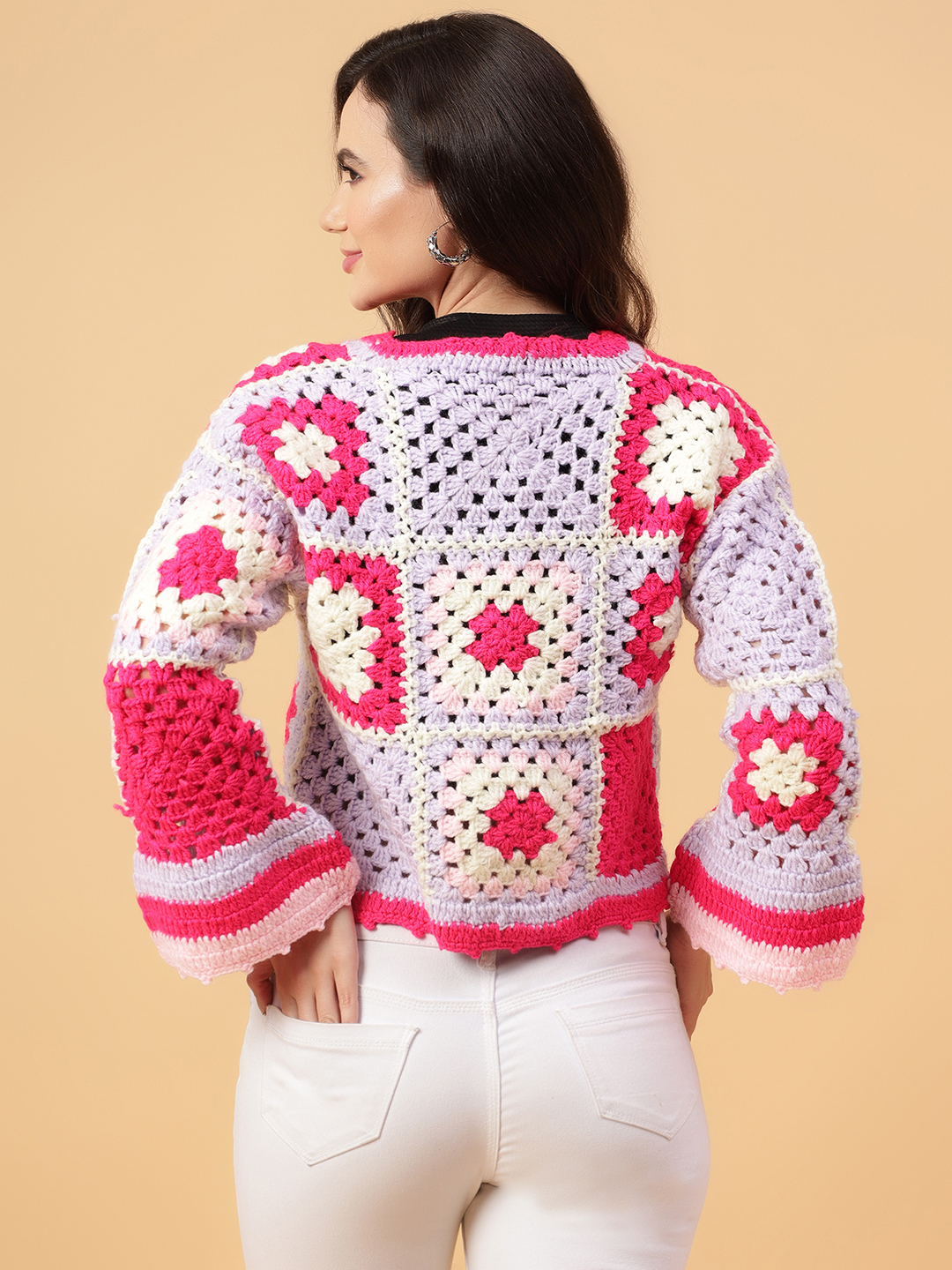 Velvery Handmade Pink Handmade Crochet Round Neck Pullover