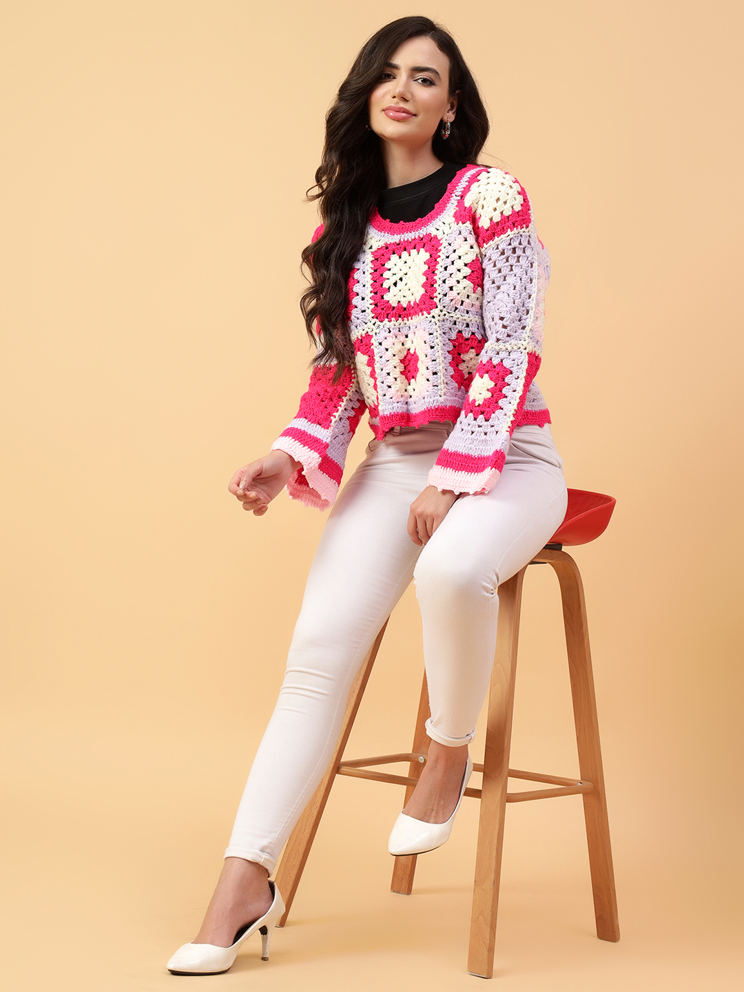 Velvery Handmade Pink Handmade Crochet Round Neck Pullover