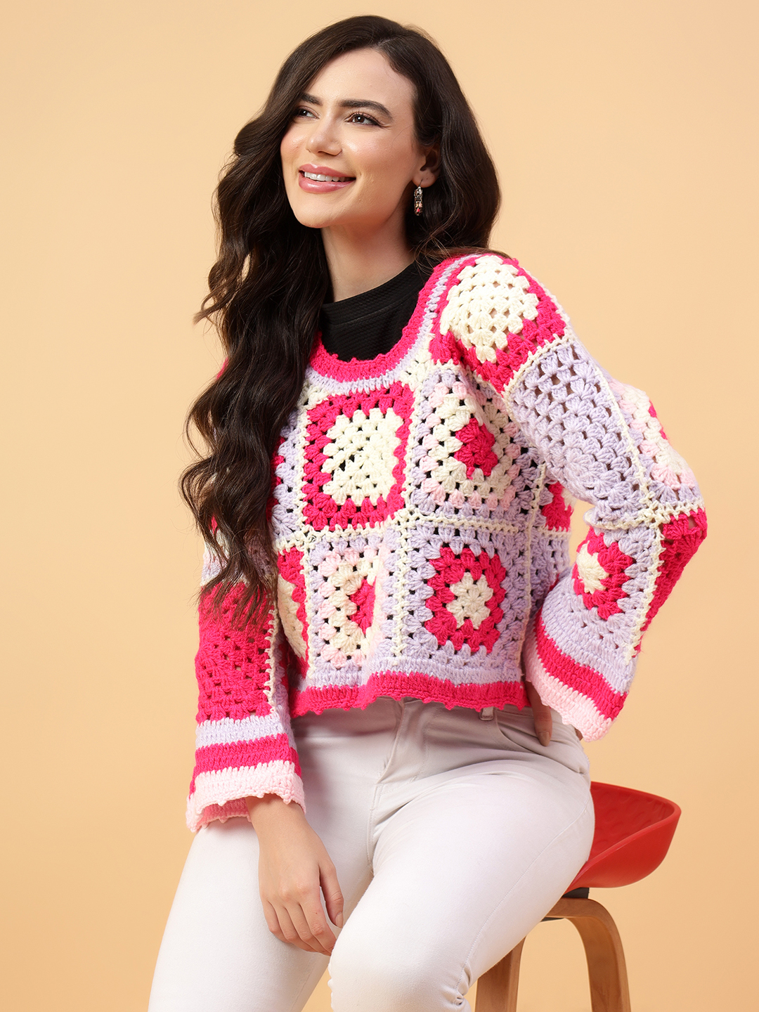 Velvery Handmade Pink Handmade Crochet Round Neck Pullover