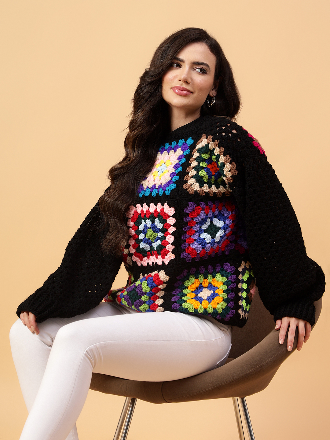 Velvery Handmade Multi Handmade Crochet Round Neck Pullover