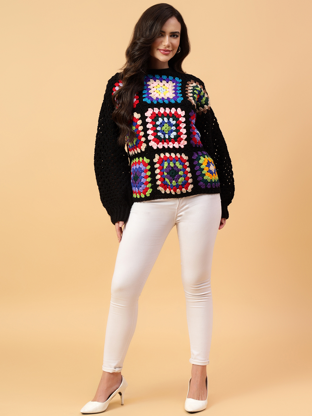Velvery Handmade Multi Handmade Crochet Round Neck Pullover