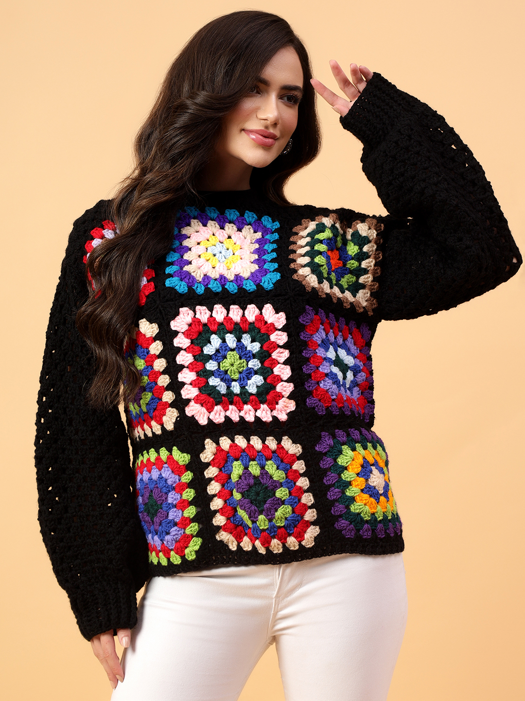 Velvery Handmade Multi Handmade Crochet Round Neck Pullover