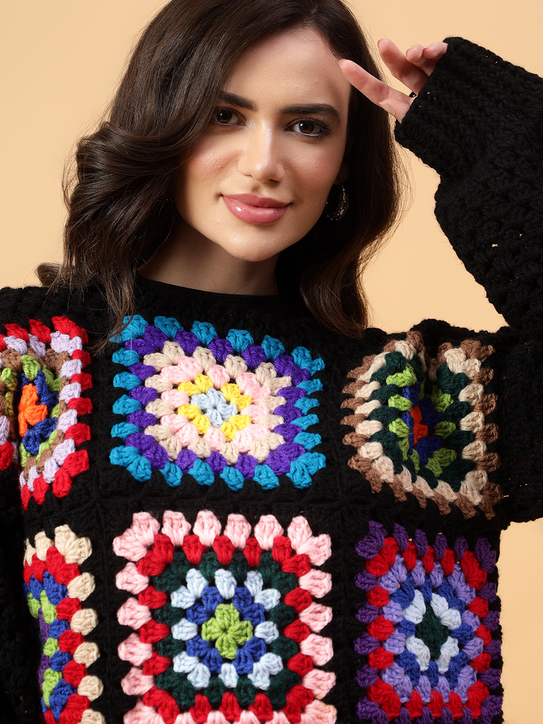 Velvery Handmade Multi Handmade Crochet Round Neck Pullover