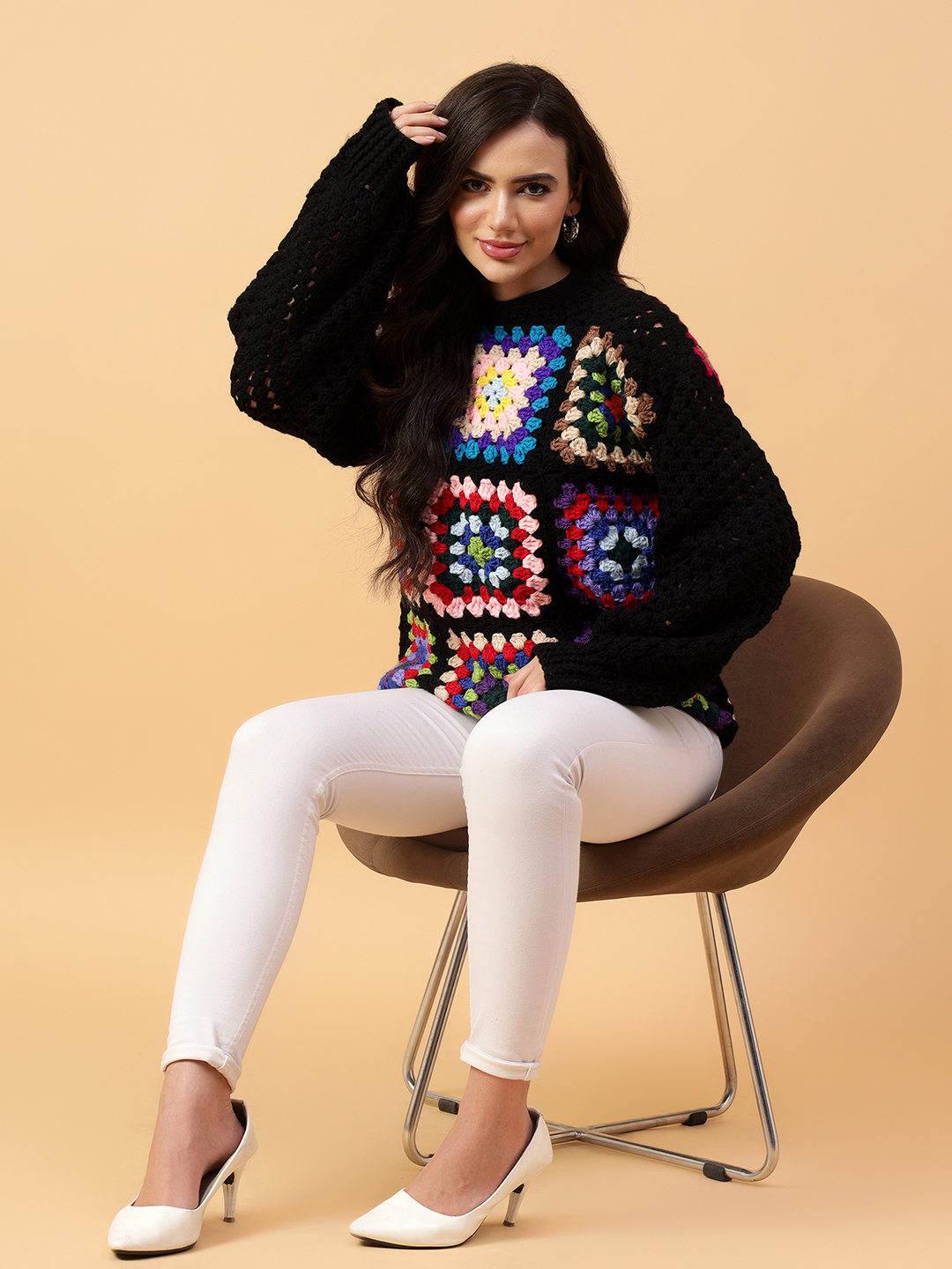 Velvery Handmade Multi Handmade Crochet Round Neck Pullover