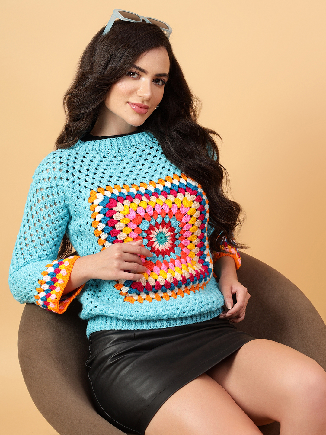 Velvery Handmade Beige & Multi Handmade Crochet Round Neck Pullover