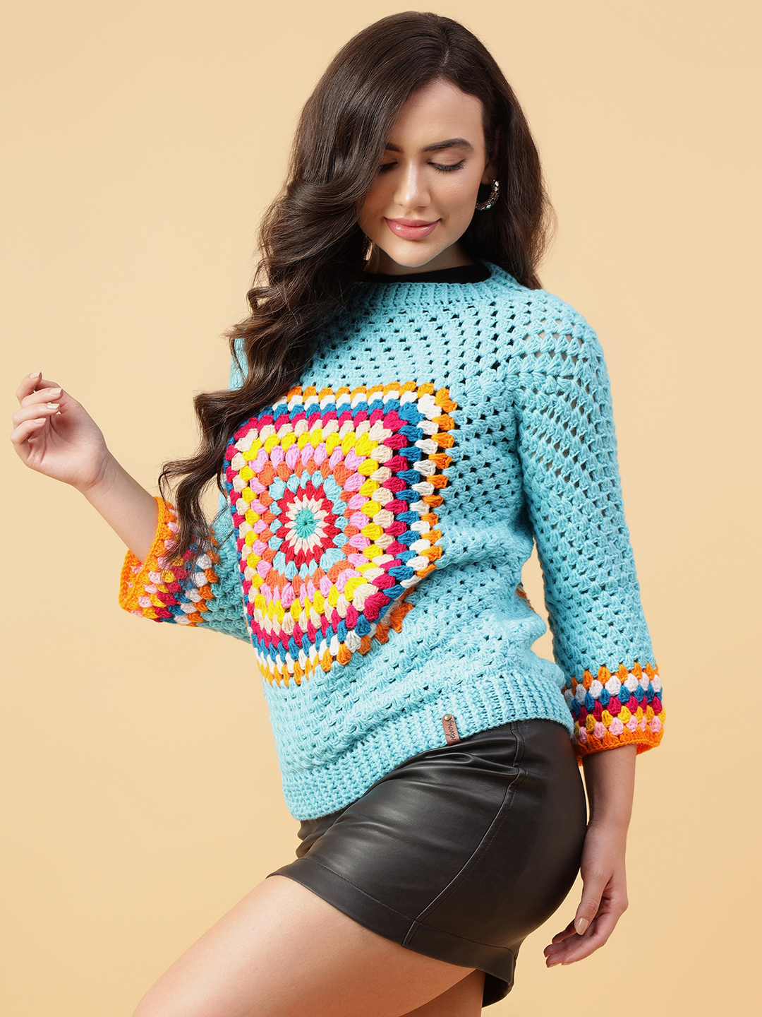 Velvery Handmade Beige & Multi Handmade Crochet Round Neck Pullover