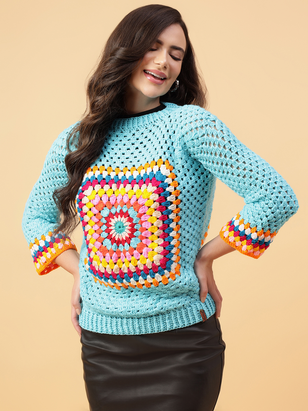 Velvery Handmade Beige & Multi Handmade Crochet Round Neck Pullover