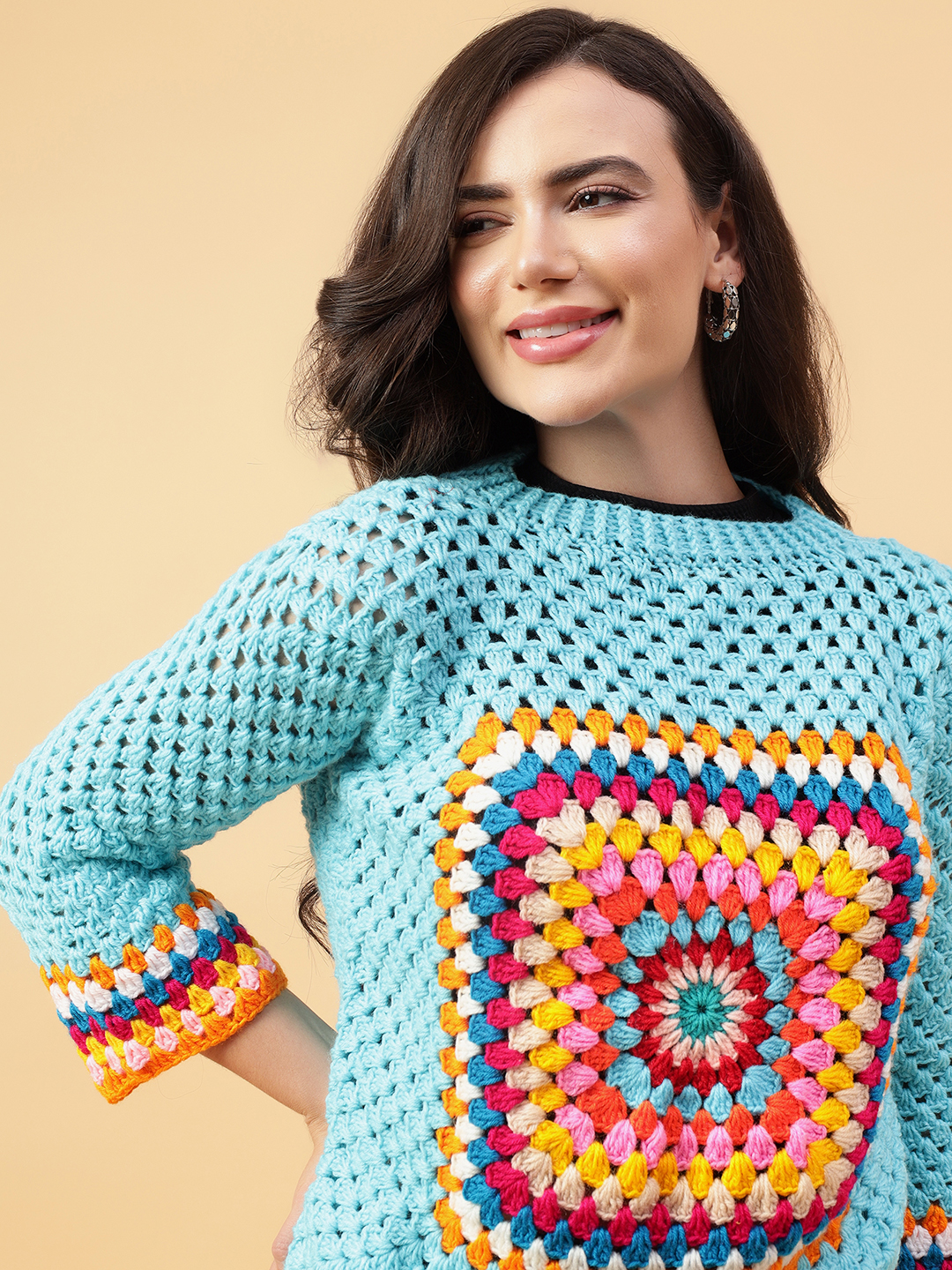 Velvery Handmade Beige & Multi Handmade Crochet Round Neck Pullover
