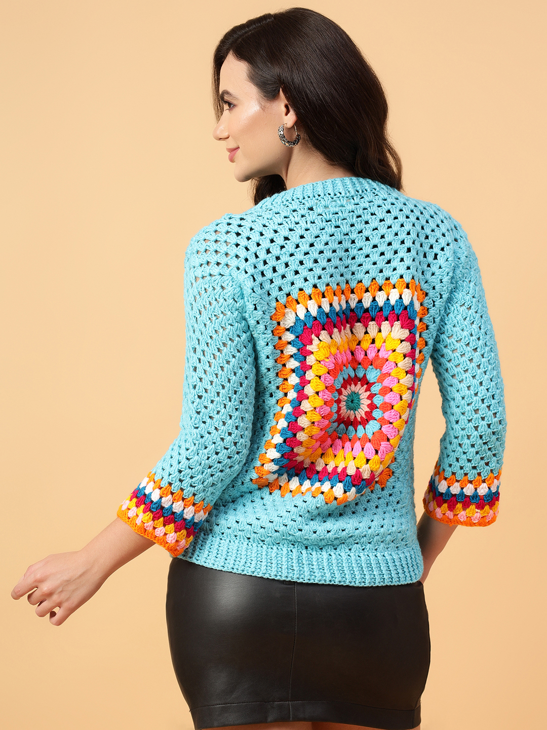 Velvery Handmade Beige & Multi Handmade Crochet Round Neck Pullover