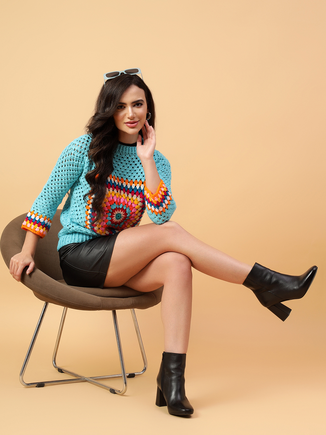 Velvery Handmade Beige & Multi Handmade Crochet Round Neck Pullover