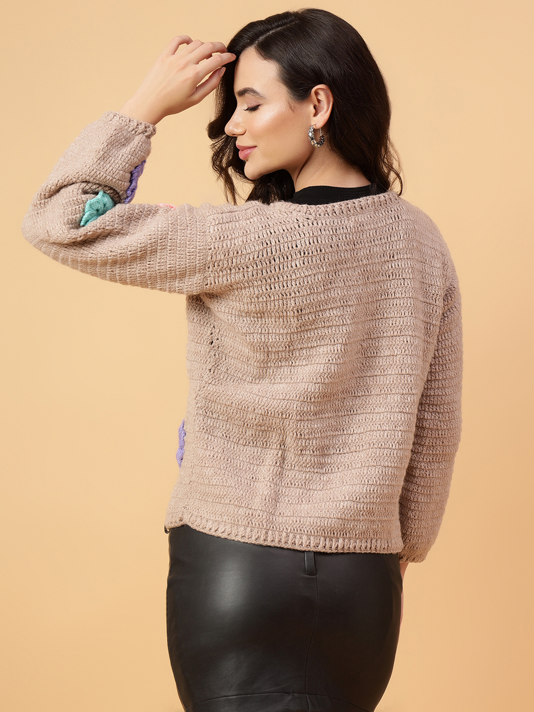 Velvery Handmade Beige Handmade Crochet Round Neck Pullover
