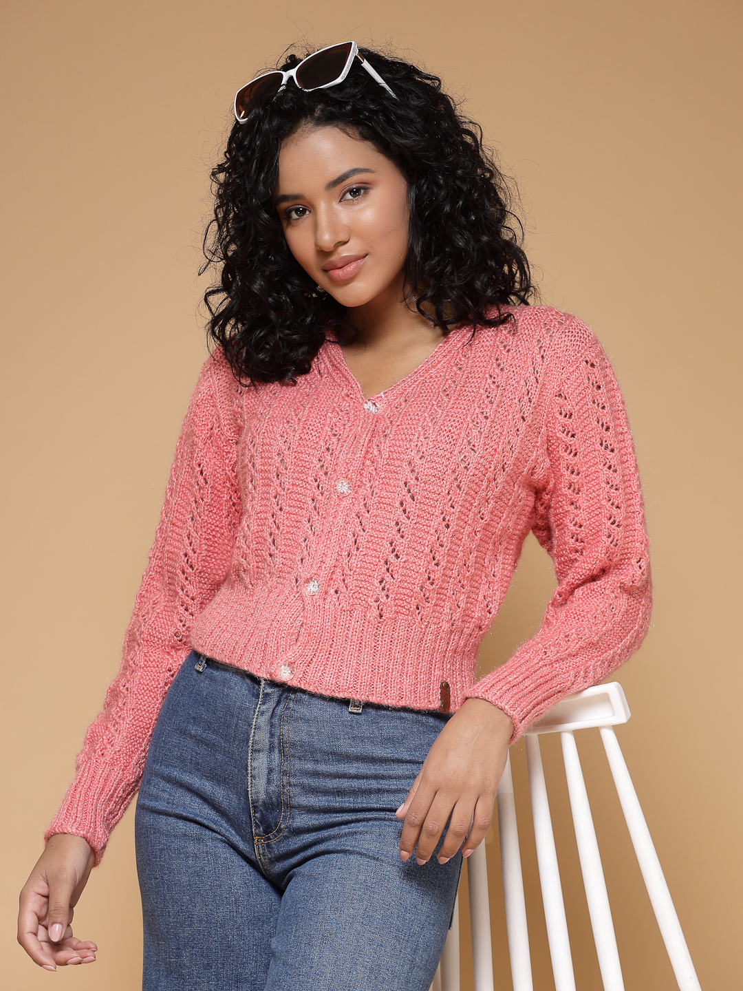 Velvery Handmade Pink Handknitted V-Neck Cardigan