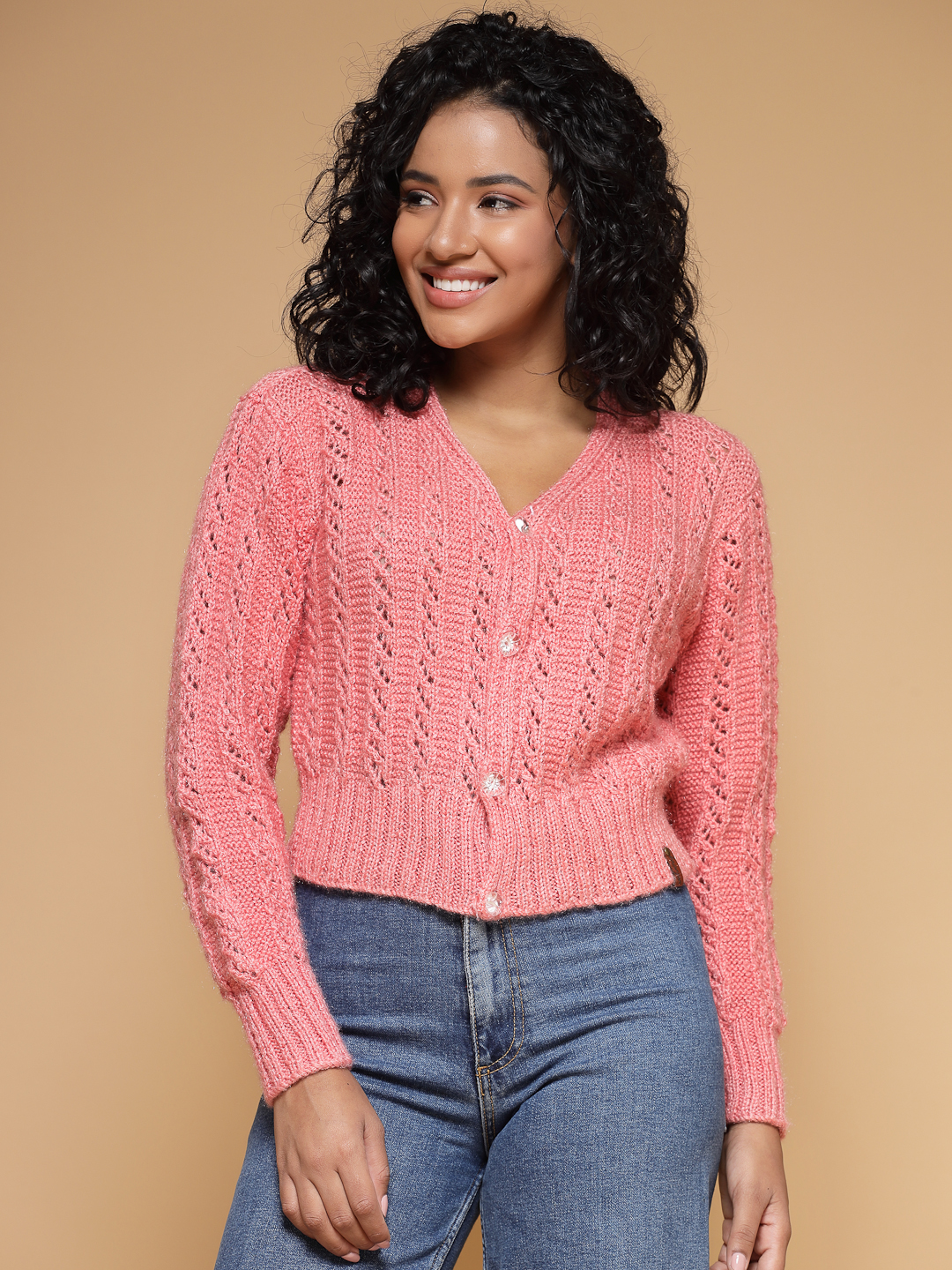 Velvery Handmade Pink Handknitted V-Neck Cardigan