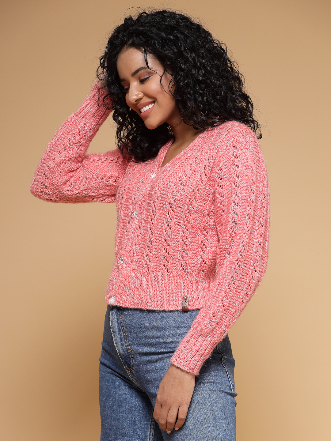 Velvery Handmade Pink Handknitted V-Neck Cardigan
