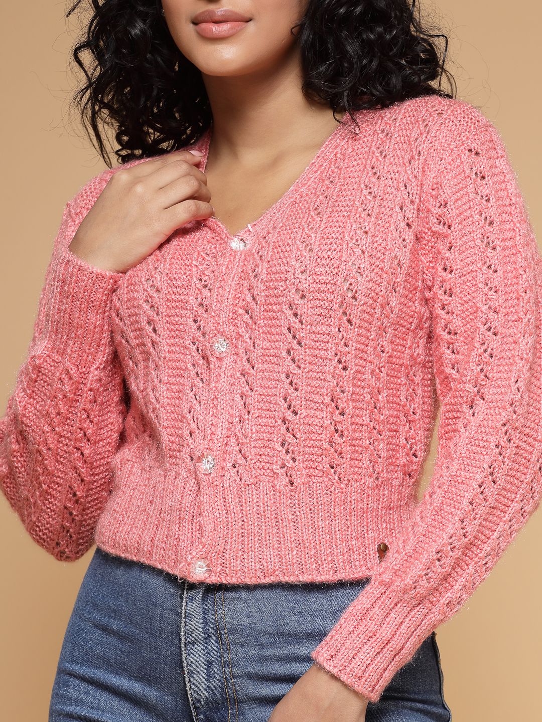 Velvery Handmade Pink Handknitted V-Neck Cardigan