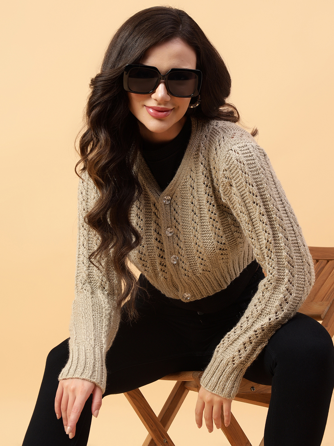Velvery Handmade Beige Handmade Crochet V-Neck Cardigan