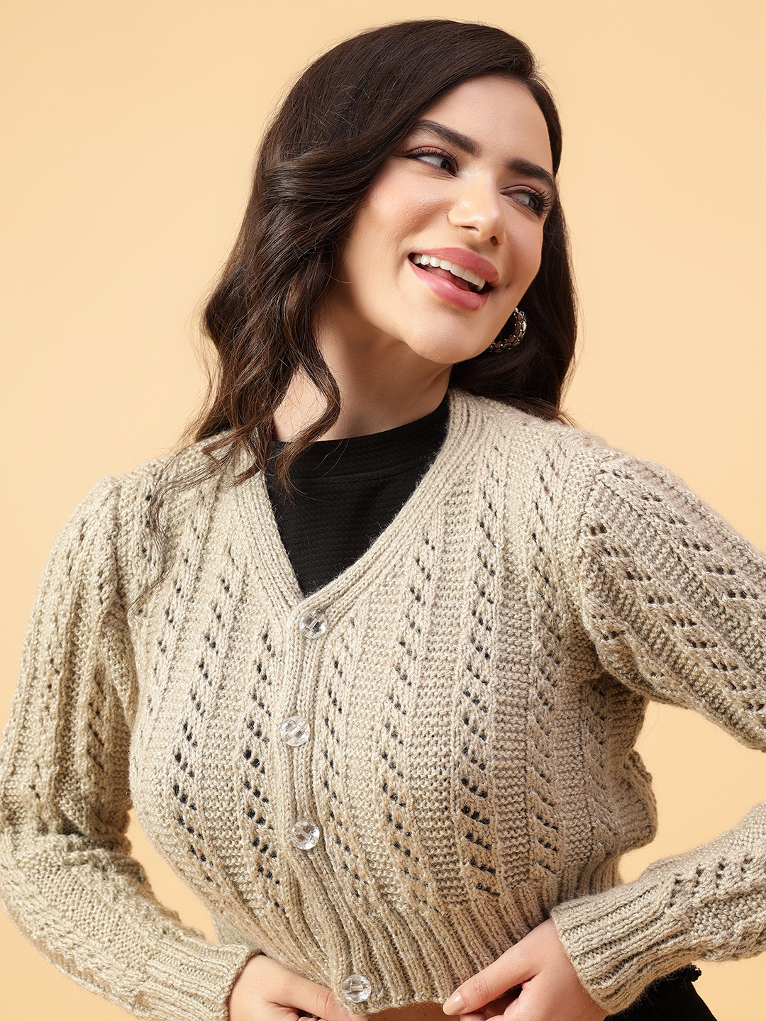 Velvery Handmade Beige Handmade Crochet V-Neck Cardigan