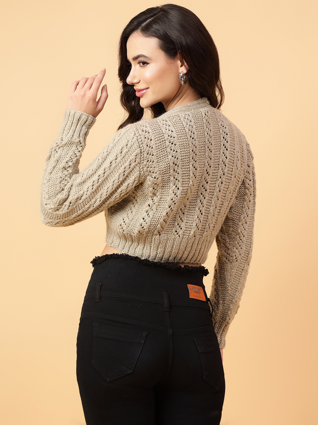 Velvery Handmade Beige Handmade Crochet V-Neck Cardigan