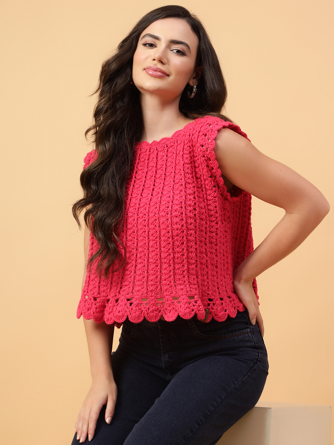 Velvery Handmade Pink Handmade Crochet Round Neck Pullover