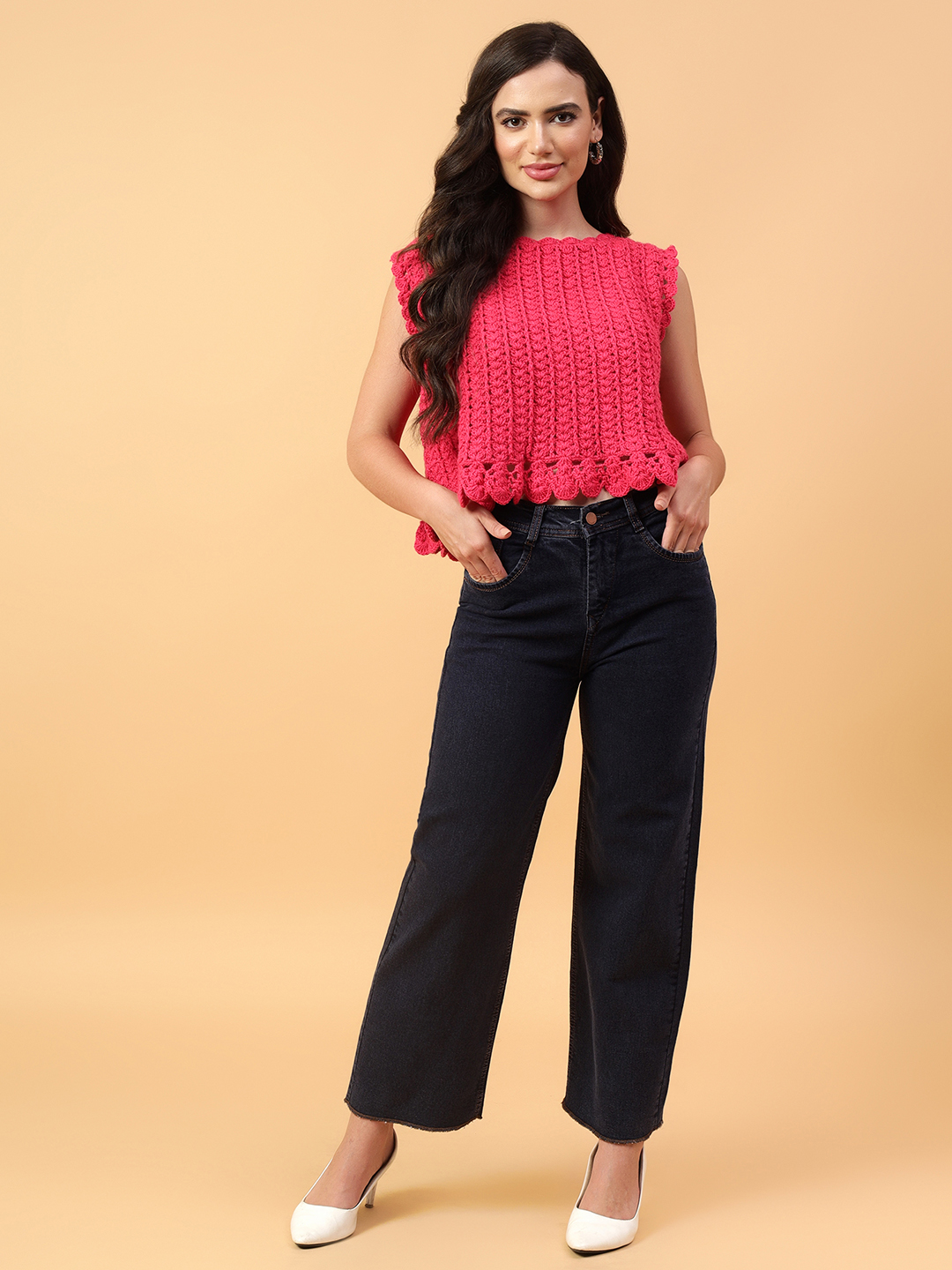 Velvery Handmade Pink Handmade Crochet Round Neck Pullover