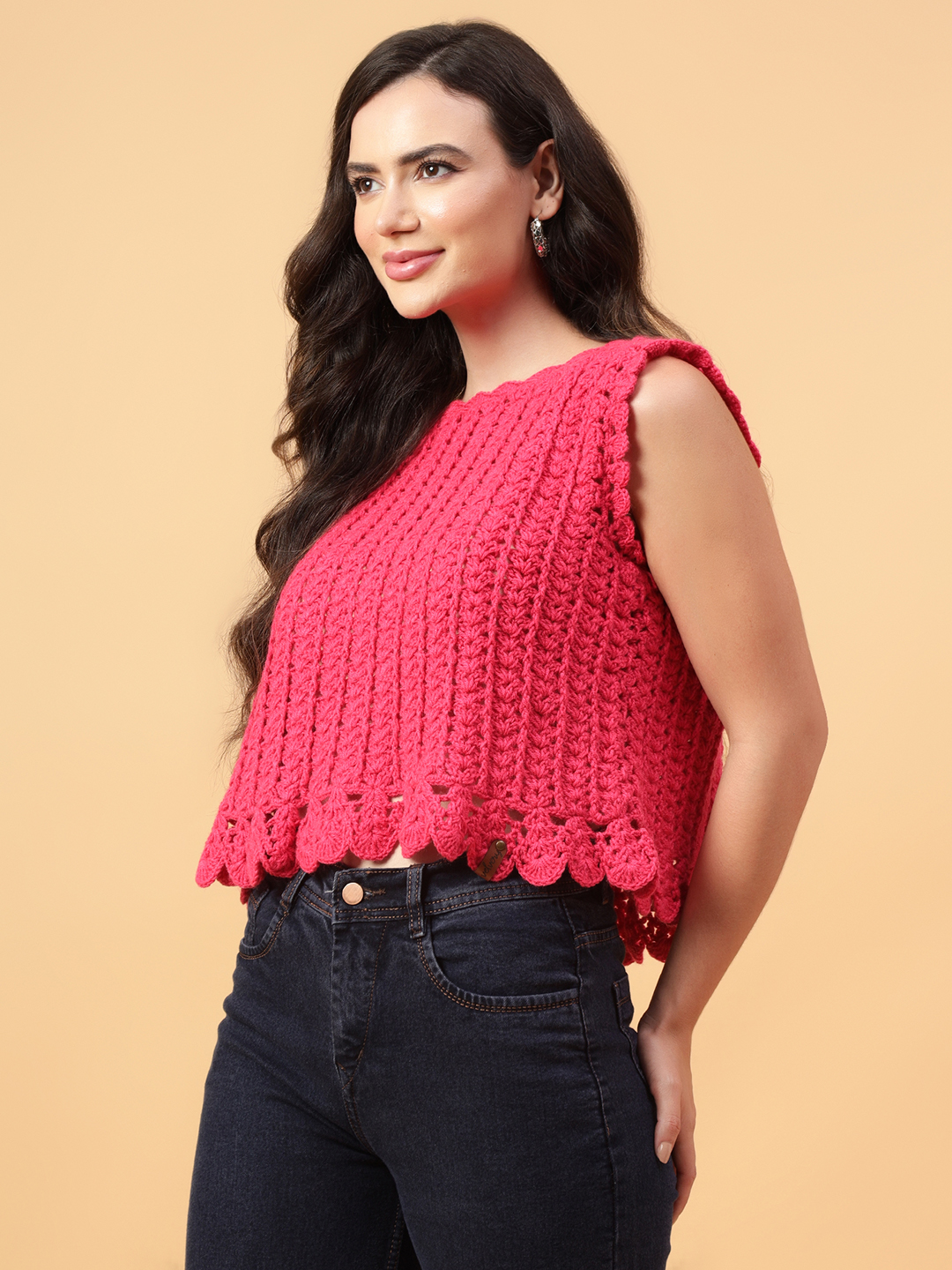 Velvery Handmade Pink Handmade Crochet Round Neck Pullover
