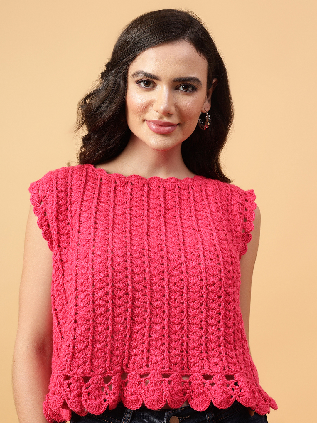 Velvery Handmade Pink Handmade Crochet Round Neck Pullover