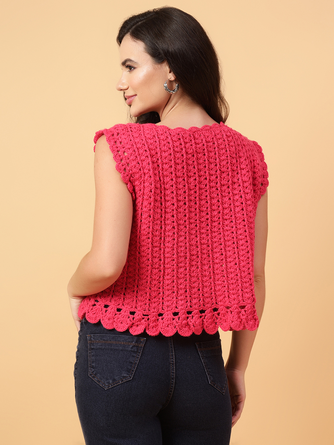 Velvery Handmade Pink Handmade Crochet Round Neck Pullover