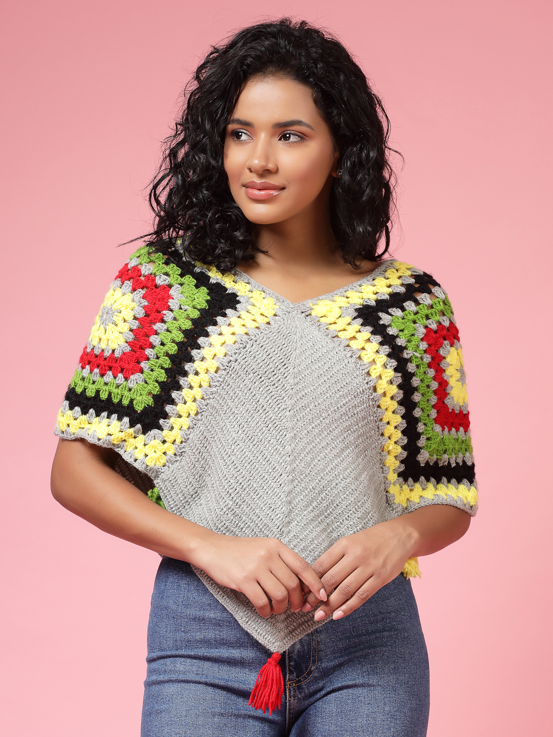 Velvery Handmade Grey & Multi Crochet Poncho V-Neck Poncho