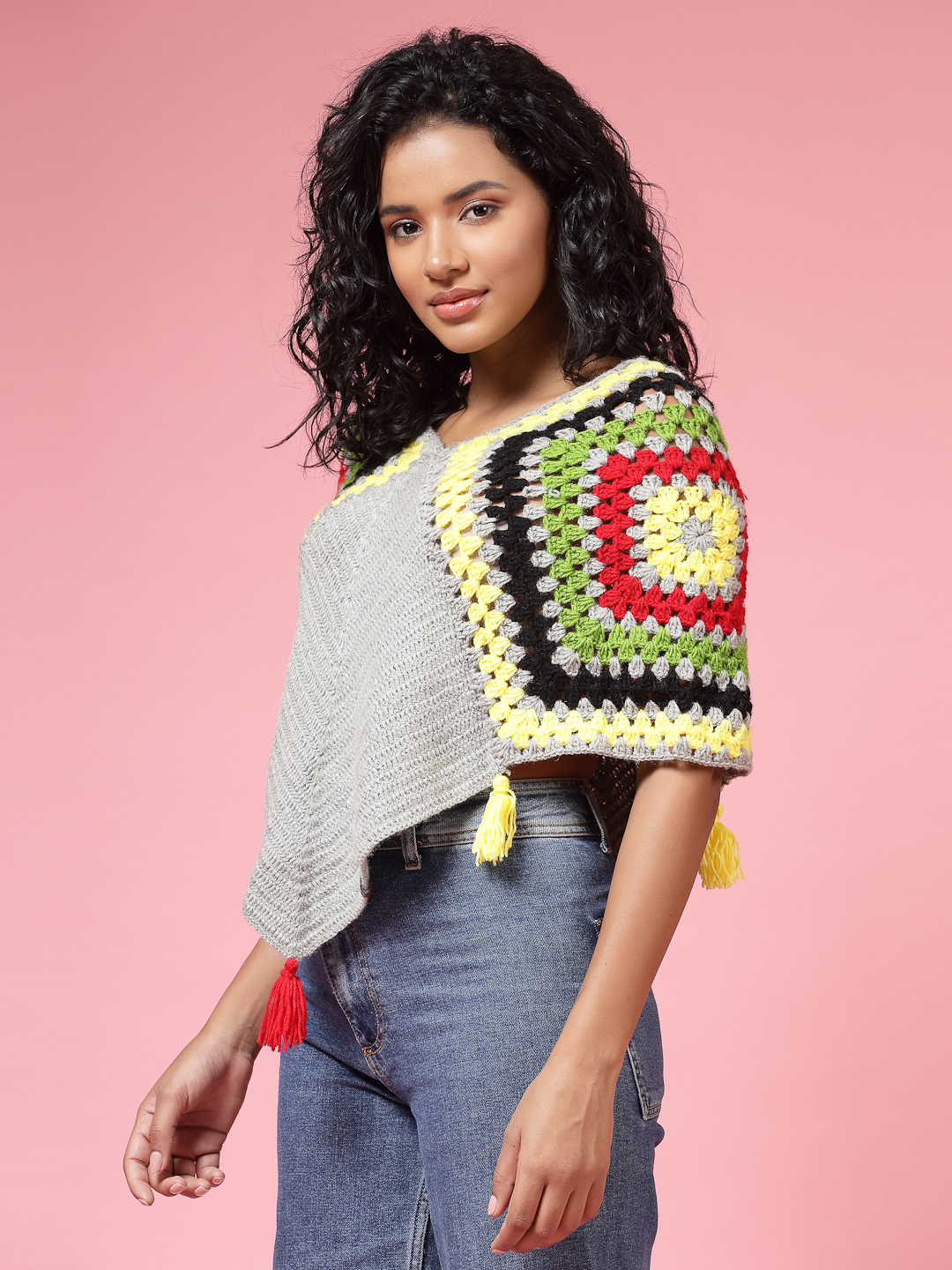 Velvery Handmade Grey & Multi Crochet Poncho V-Neck Poncho