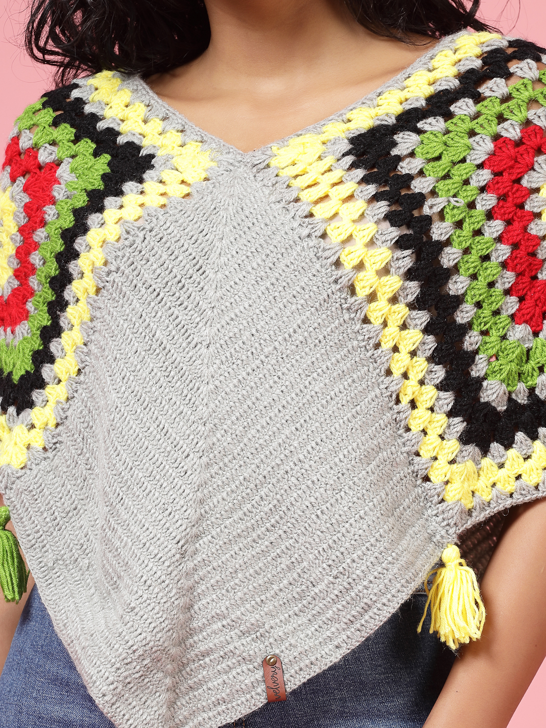 Velvery Handmade Grey & Multi Crochet Poncho V-Neck Poncho