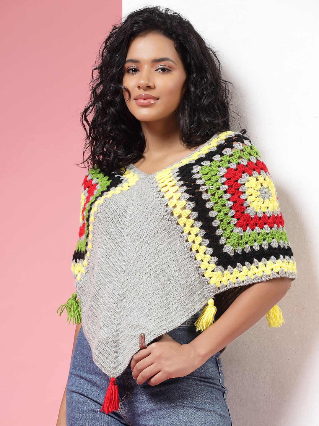 Velvery Handmade Grey & Multi Crochet Poncho V-Neck Poncho