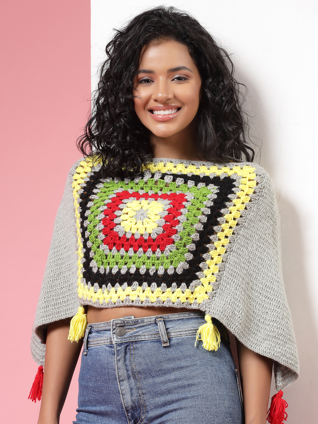 Velvery Handmade Grey & Multi Crochet Poncho V-Neck Poncho