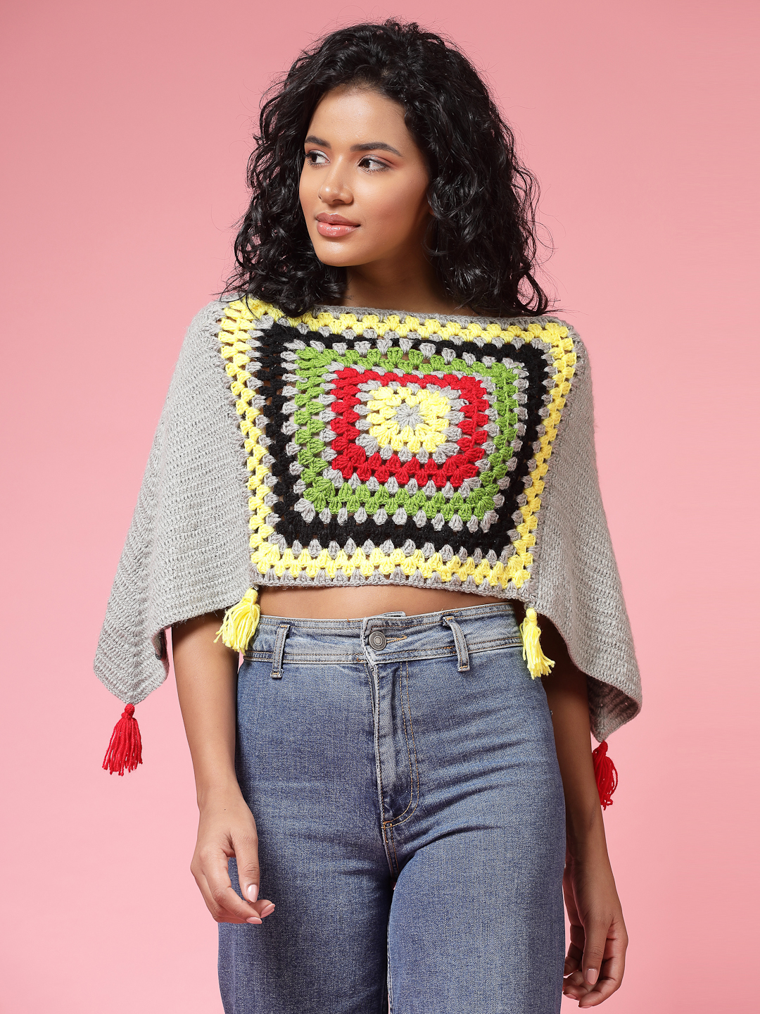 Velvery Handmade Grey & Multi Crochet Poncho V-Neck Poncho