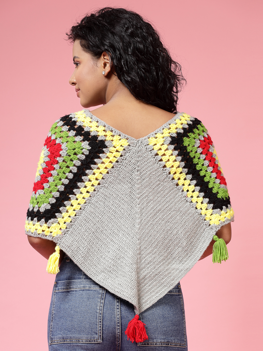 Velvery Handmade Grey & Multi Crochet Poncho V-Neck Poncho