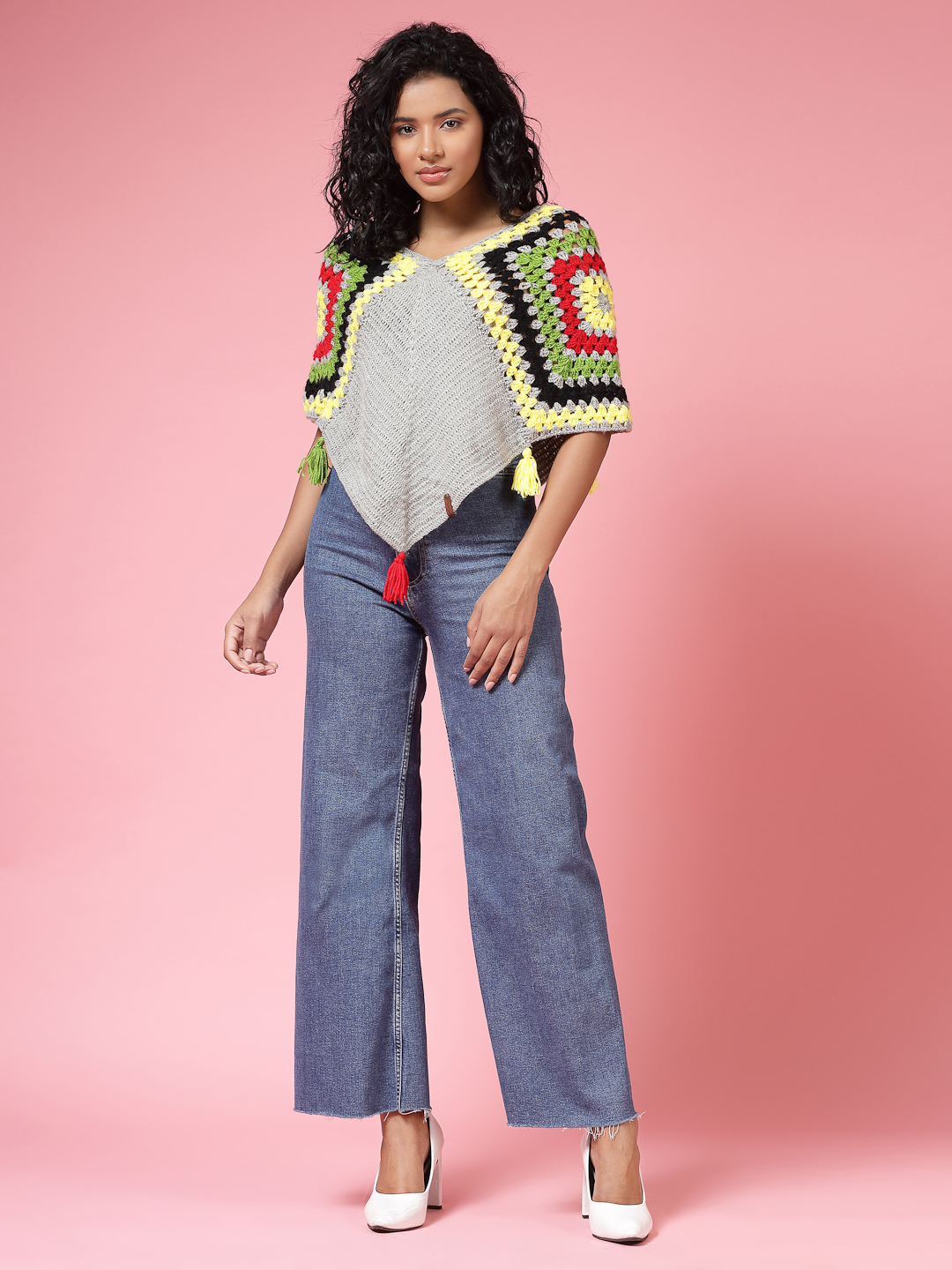 Velvery Handmade Grey & Multi Crochet Poncho V-Neck Poncho
