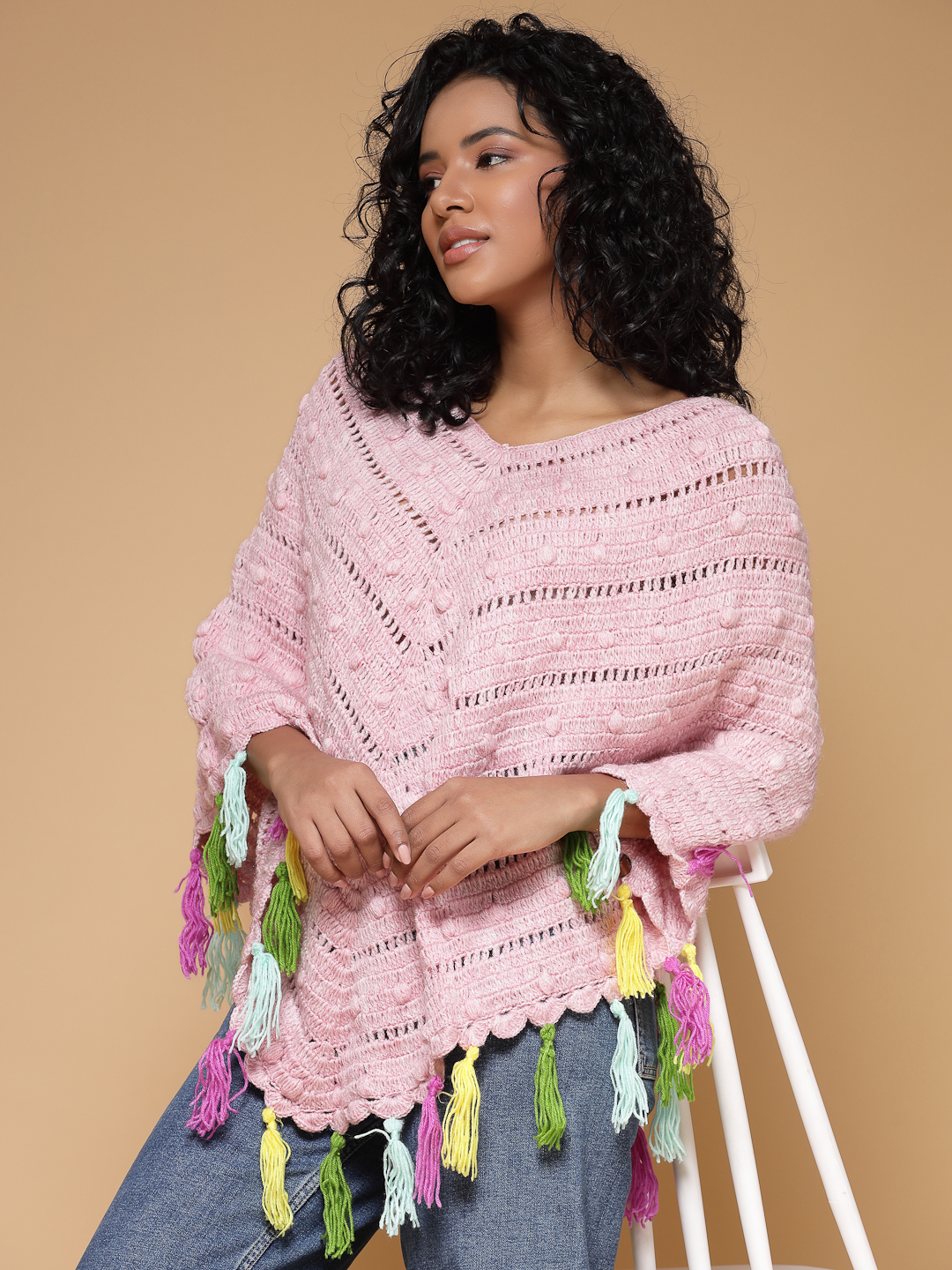 Velvery Handmade Pink & Multi Crochet Poncho V-Neck Poncho