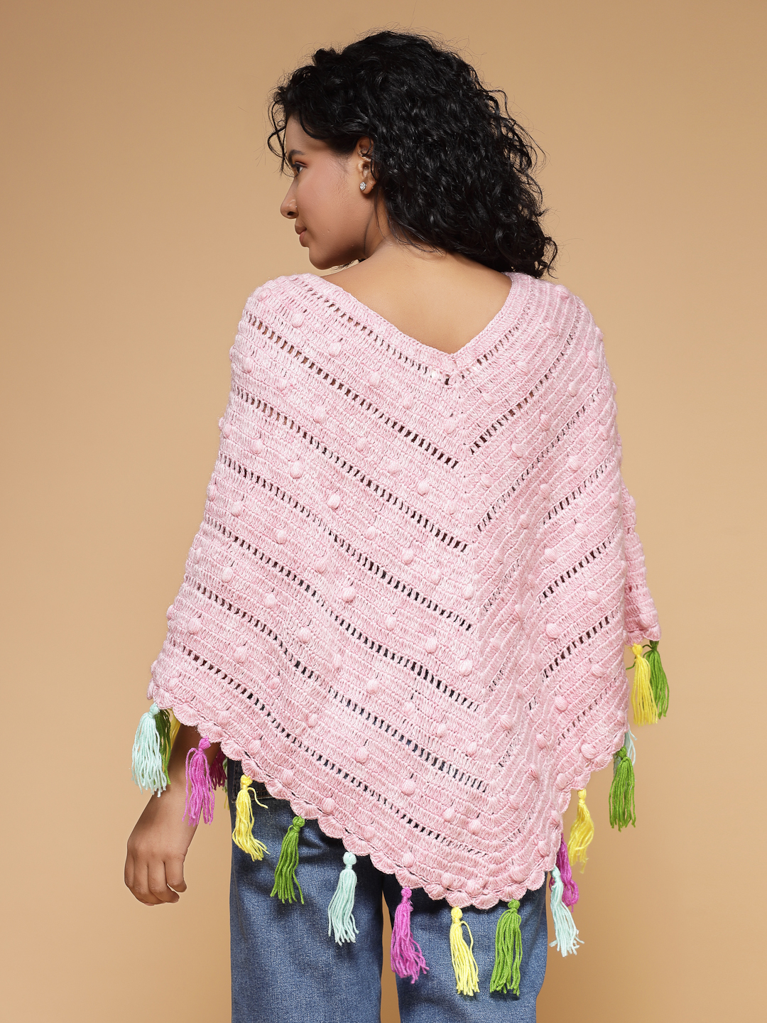 Velvery Handmade Pink & Multi Crochet Poncho V-Neck Poncho